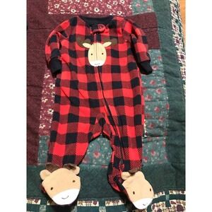 Carters Pajamas Red Black Buffalo Plaid Reindeer Fleece Footed Sleeper Baby